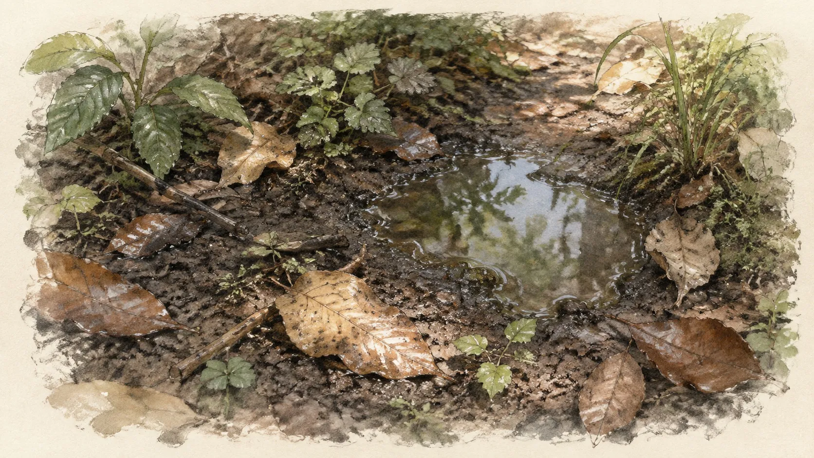 雨上がりの湿った地面に落ち葉と草があり、小さな水たまりに木々が映っている水彩画(AI生成)