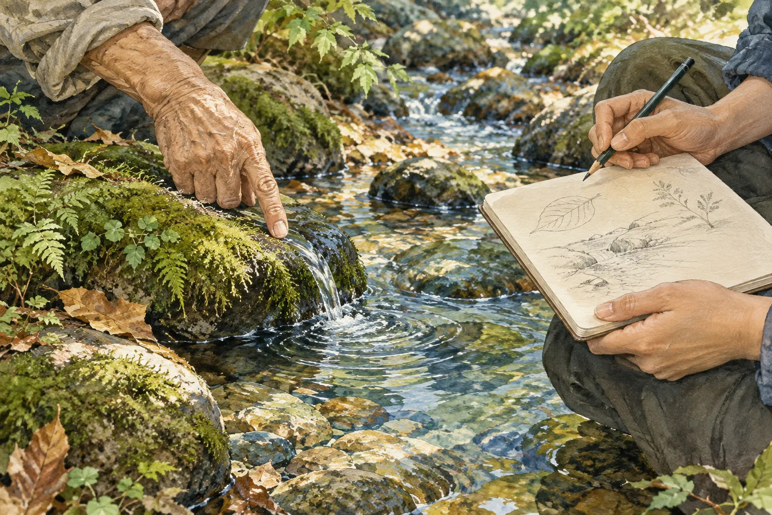 小川の水の曲がり方を示す年長者の手と、葉や流れをノートへ描き留める人の手。苔むした石のあいだを水が流れる水彩の概念画（AI生成）