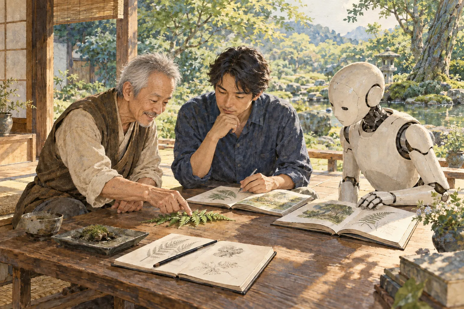 庭に面した縁側で、90歳の石黒伸を想像して描いた左の人物がシダの葉を指し、若い人と白いロボットがそれぞれ開いた本と見比べている水彩の概念画（AI生成）