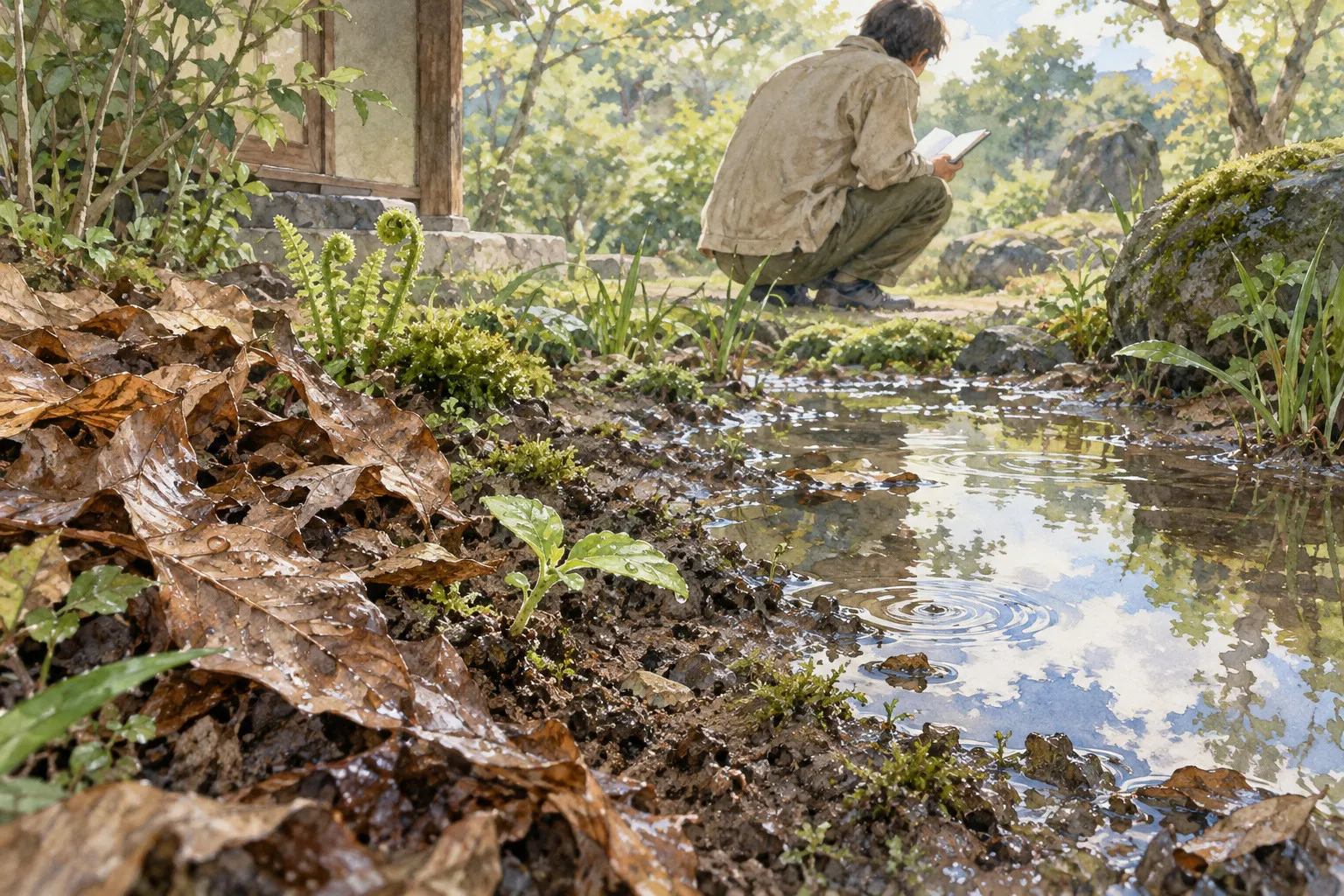 雨上がりの庭でノートを持ってしゃがむ人。手前の水たまりには空が映り、落ち葉と露出した土の境に小さな芽が伸びている水彩の概念画（AI生成）