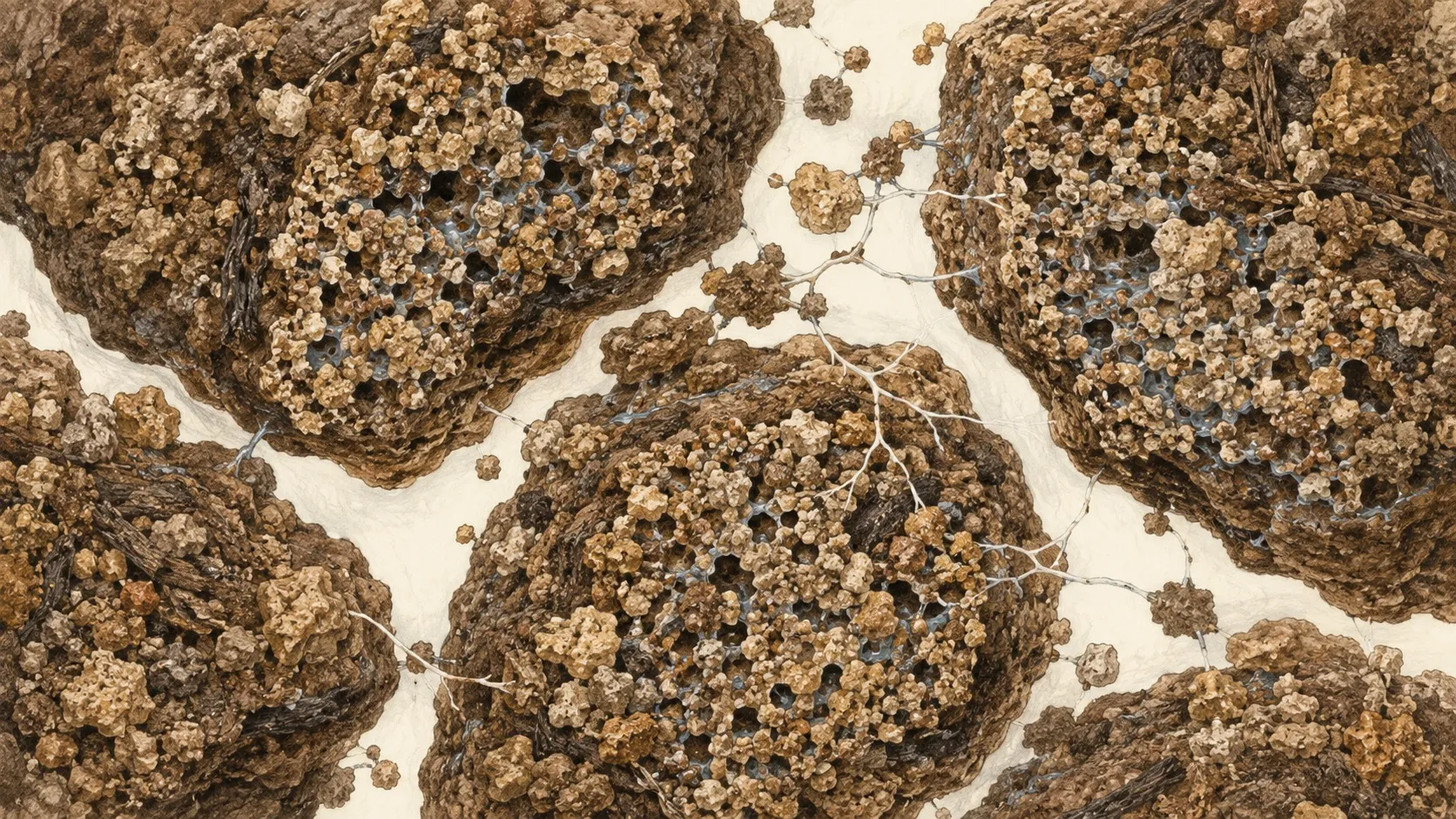 不揃いの団粒が接し合う土の拡大断面。塊の内部と塊どうしの間に大小の隙間があり、細い菌糸と水分を表す淡い青が見える（AI生成の概念図）