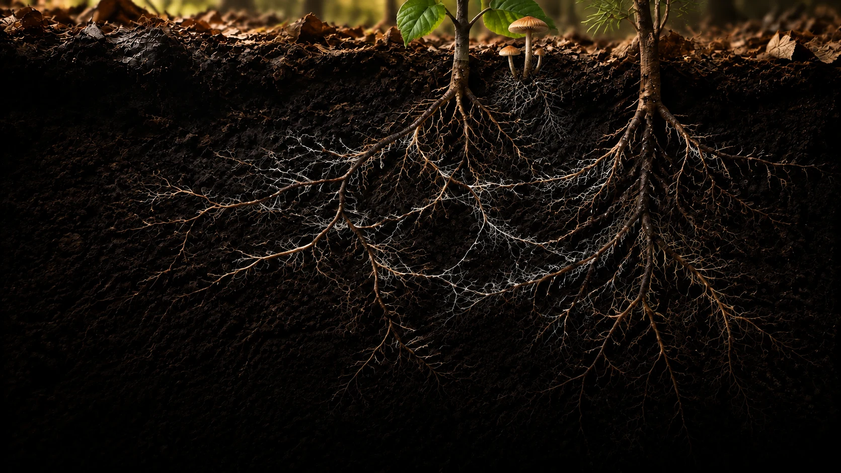 二つの植物の間に小さなキノコが顔を出し、土の中では白い菌糸がそれぞれの細根をつなぐ模式イメージ